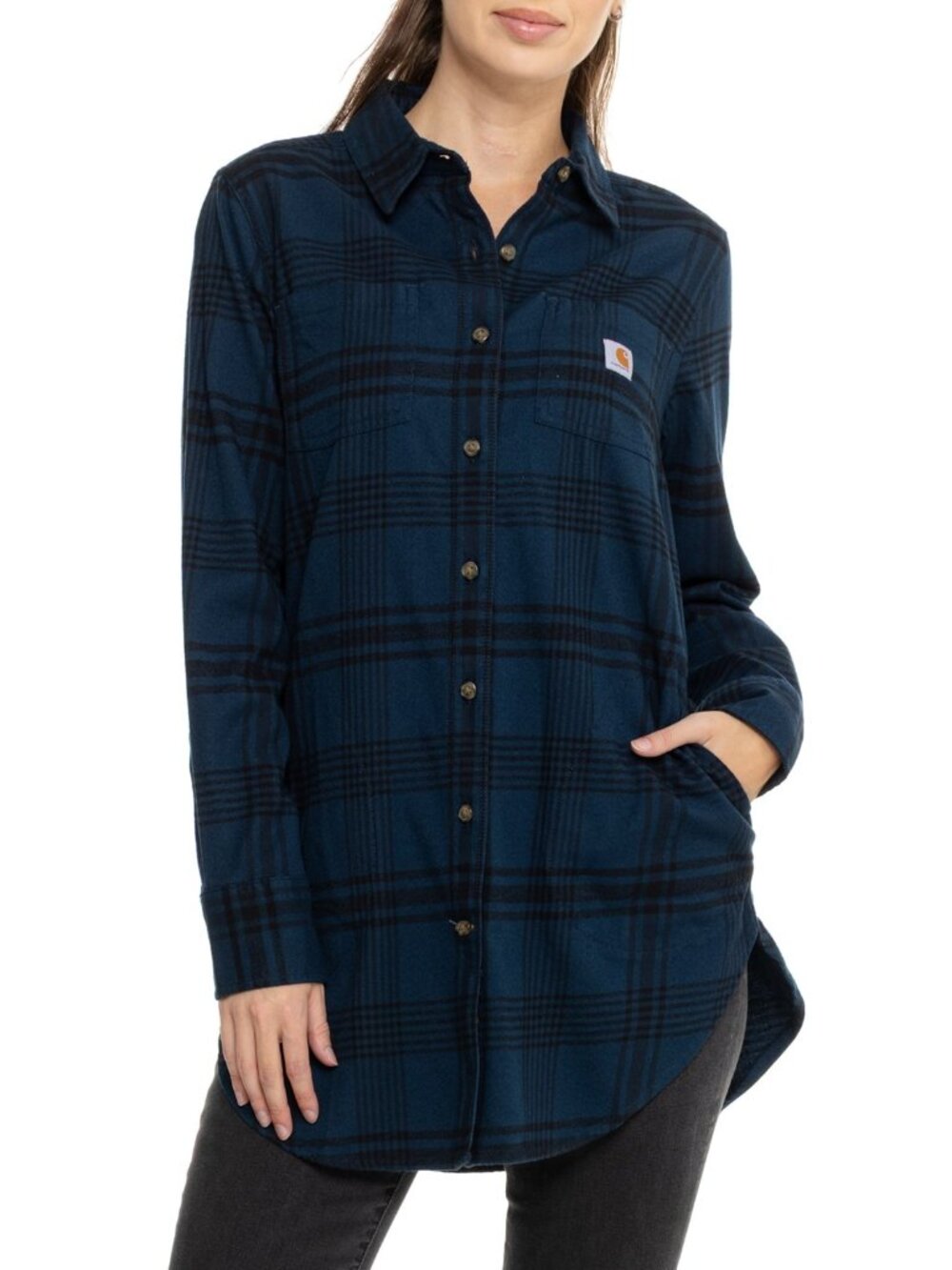 Women's Carhartt Relaxed Fit Plaid Flannel Tunic Top with Pockets Size L
